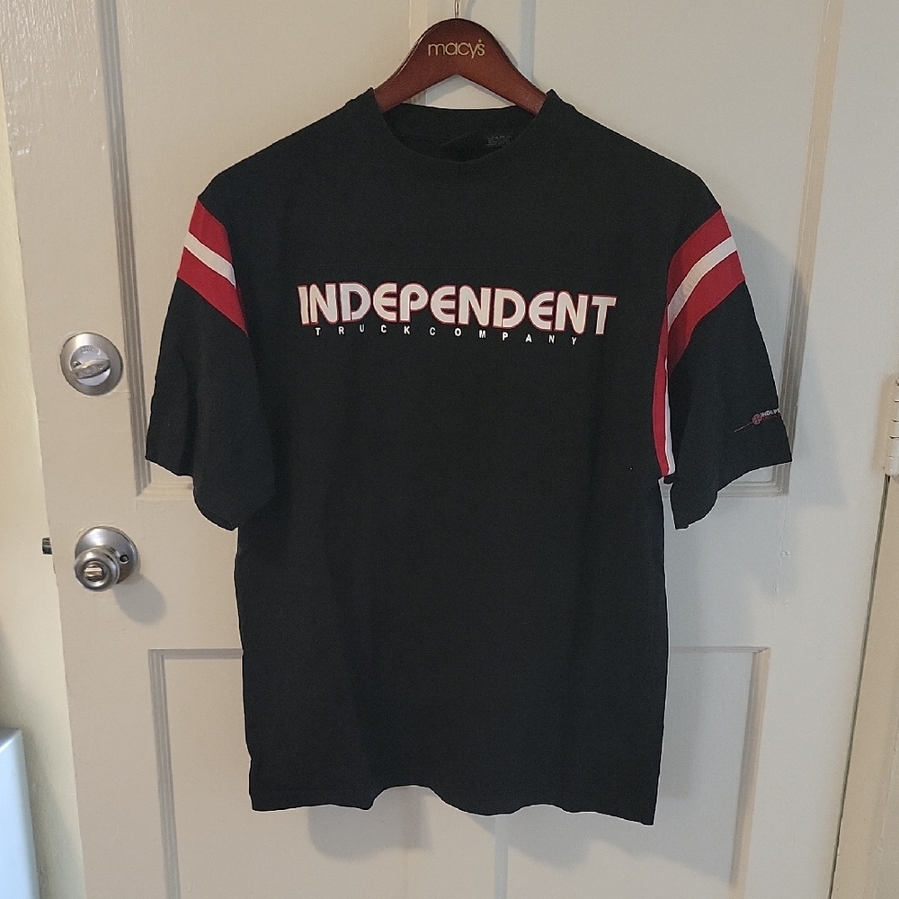Independent Truck Co. Black T-Shirt – Red/White Striped Sleeves (Size S)